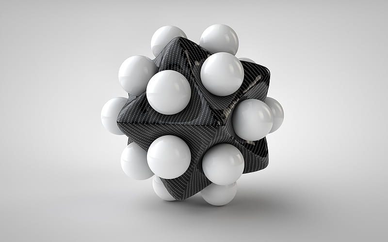 3d carbon star, white balls, white 3d sphere, 3D objects, HD wallpaper