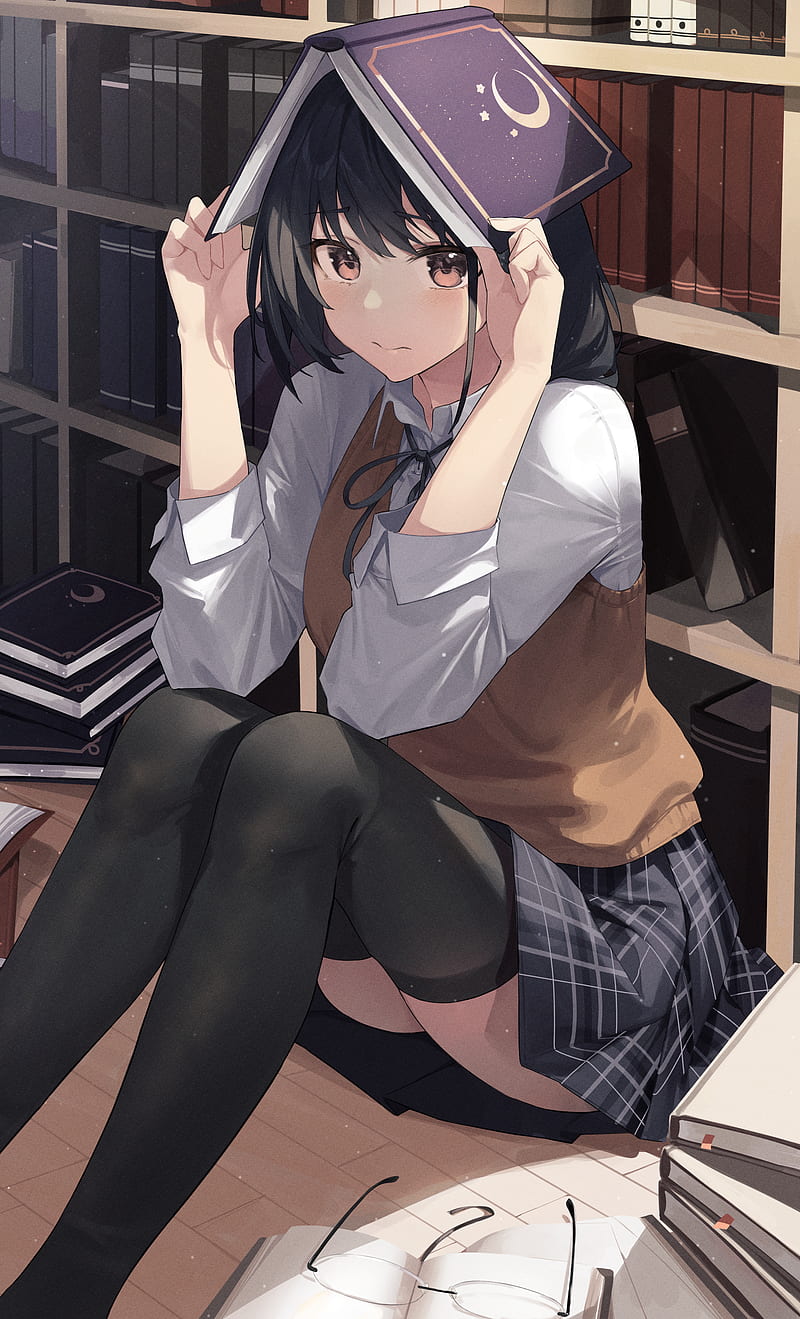 Anime, anime girls, school uniform, skirt, stockings, black hair, blue  eyes, HD phone wallpaper | Peakpx