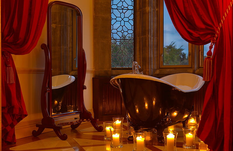 Romantic Evening, windows, drapes, tub, romantic, bathtub, curtains, mirror, candles, HD wallpaper