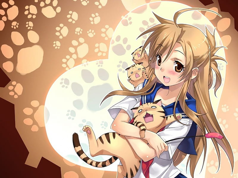 Kaede-Mizuno, kawaii, neko, anime, anime girl, Kaede Mizuno, cat, animal, HD wallpaper