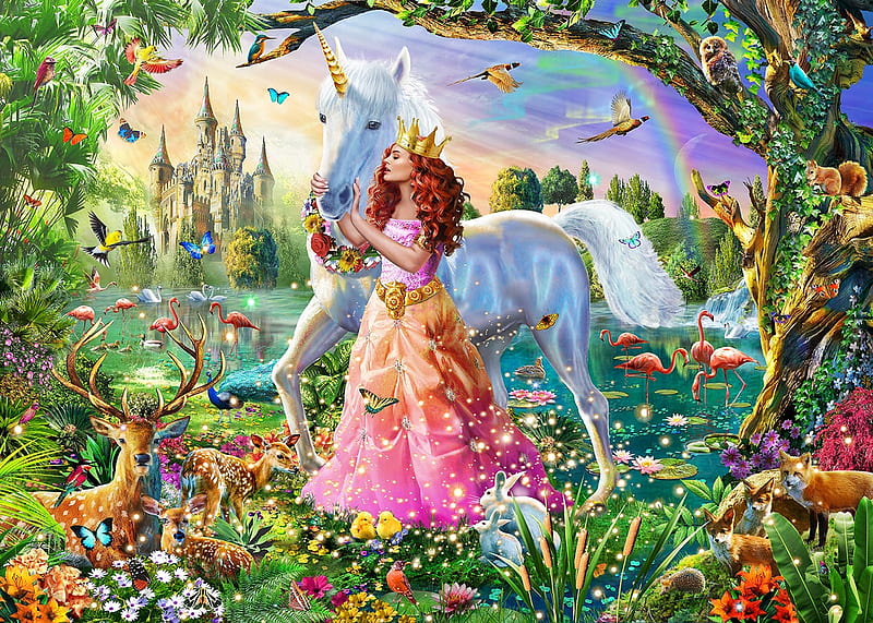 adrian chesterman, unicorn, pink, snimal, frumusete, luminos, deer, fantasy, butterfly, girl, flower, HD wallpaper