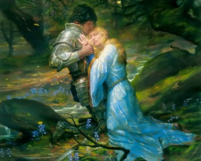 Lancelot And Guinevere, lovers, queen, fantasy, knight, HD wallpaper