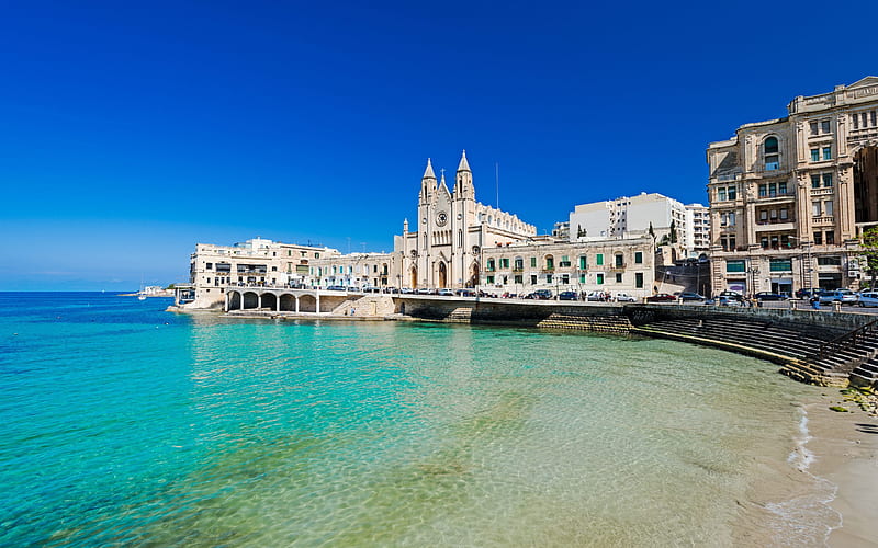 Balluta Bay, bay, morning, landmark, cathedral, Malta, Mediterranean Sea, HD wallpaper
