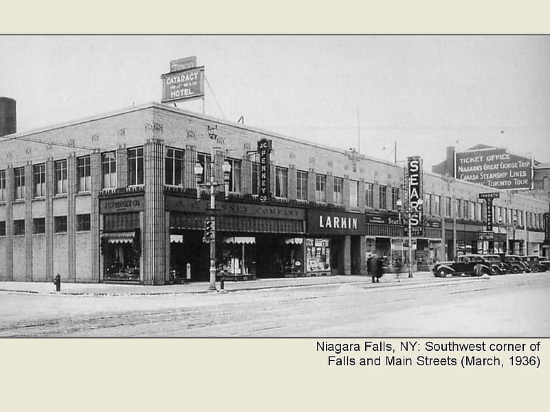 Niagara Falls, NY: Southwest corner of Falls and Main Streets (March, 1936), architecture, falls street, niagara falls, historic, HD wallpaper