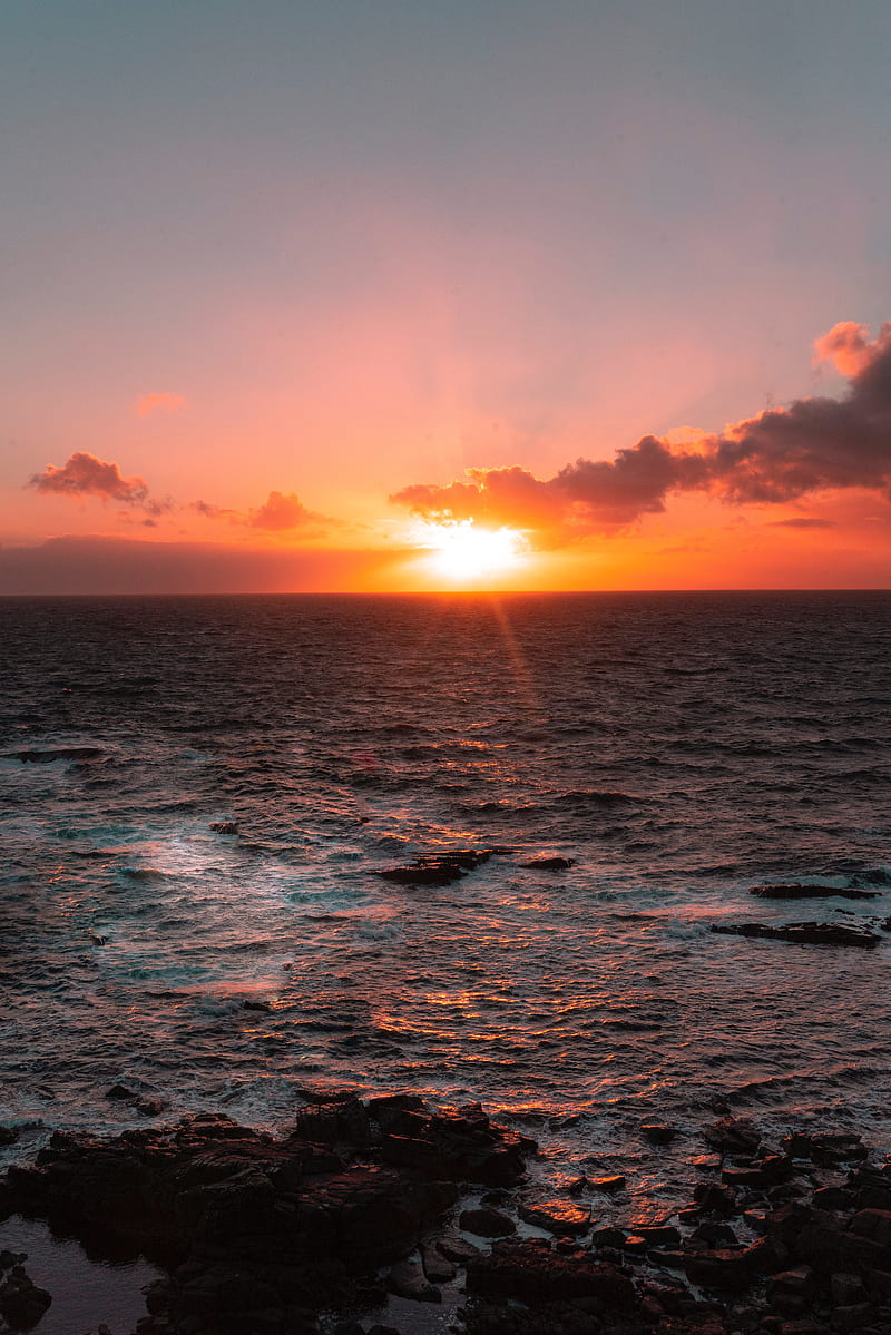 sunset, sun, sea, stones, horizon, HD phone wallpaper