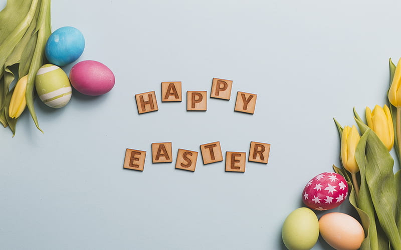 Happy Easter, spring, wooden letters, yellow tulips, Easter eggs, HD wallpaper