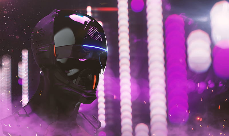 mask, helmet, cyberpunk, robot, neon, lights, head, HD wallpaper