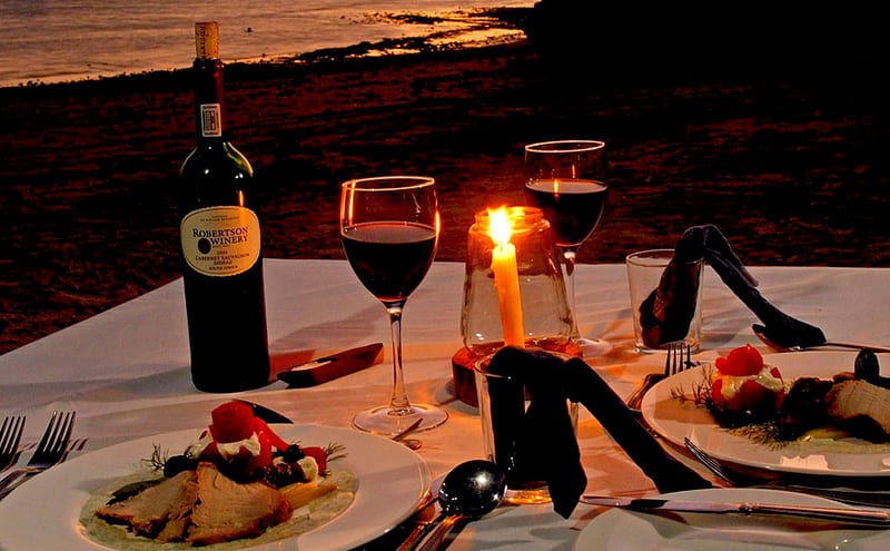A ROMANTIC NIGHT AWAITS, dinner, beach, romantic, food, wine, candle light, night, HD wallpaper