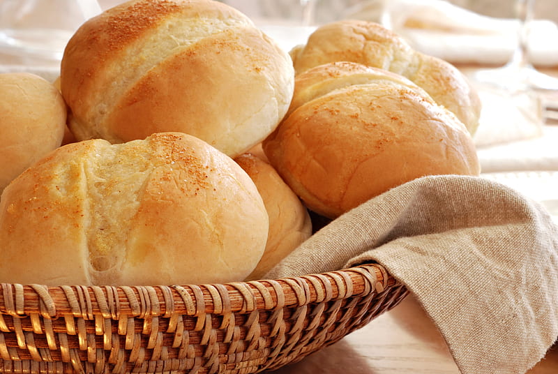 White bread buns, buns, brown, basket, bread, phootgraphy, white, abstract, HD wallpaper