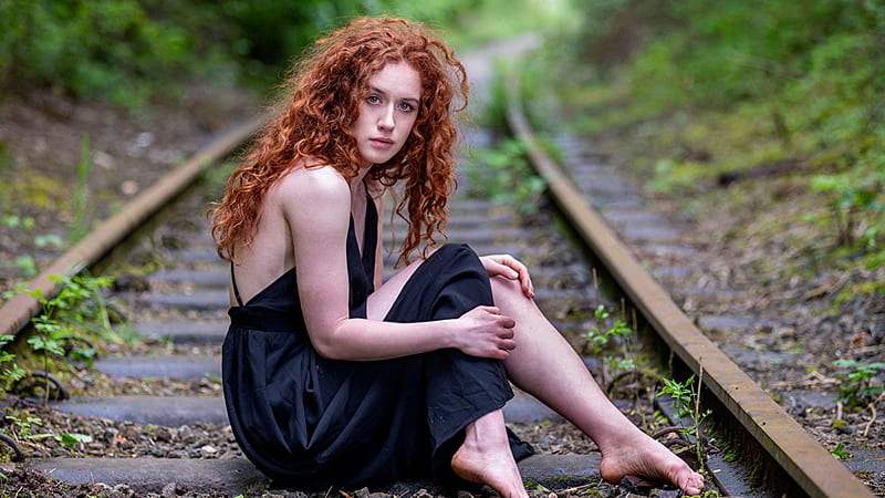Redhead Curly Hair Girl Model Is Wearing Black Dress Sitting On Railway Track Girls, HD wallpaper