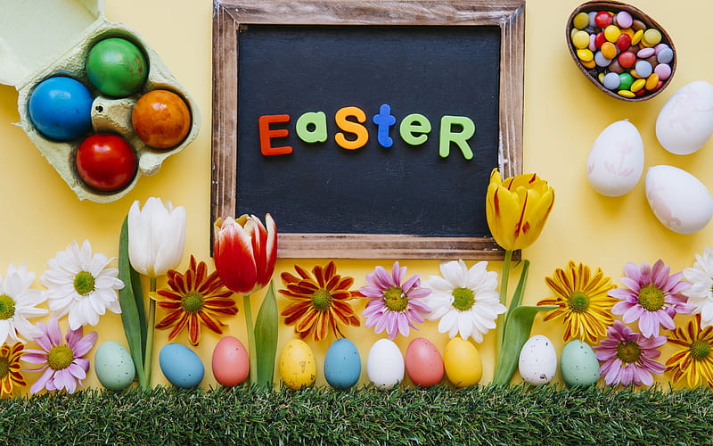 Easter, multi-colored Easter eggs, tulips, spring, spring flowers, candies, HD wallpaper