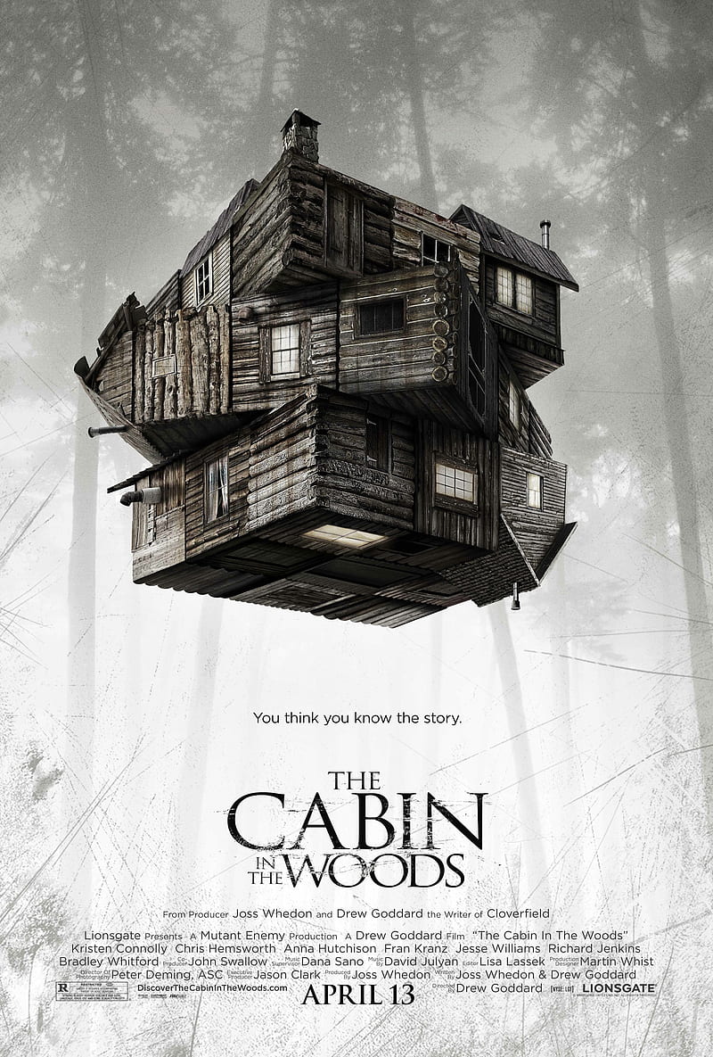 Cabin in the Woods, cabin, gray, gris, horror, movie, poster, scary, woods, HD phone wallpaper