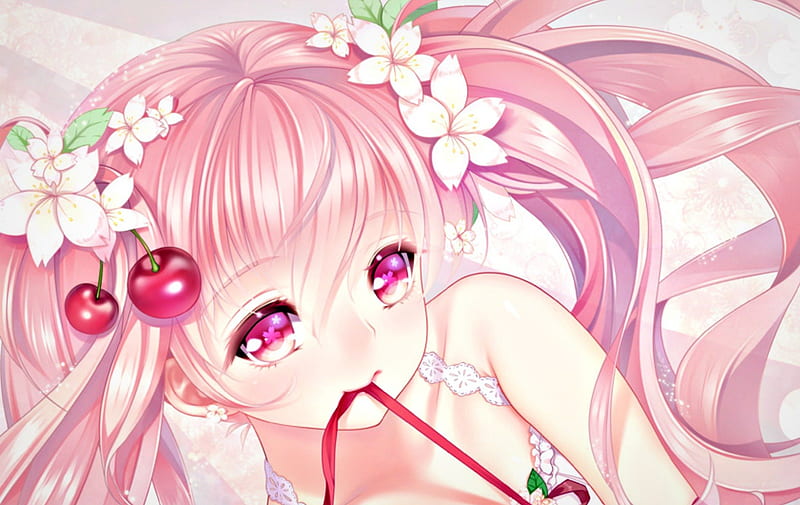 Megurine Luka, vocaloid, ribbon, manga, spring, girl, amethyst eyes, anime, youqiniang, flower, pink, cherry, HD wallpaper