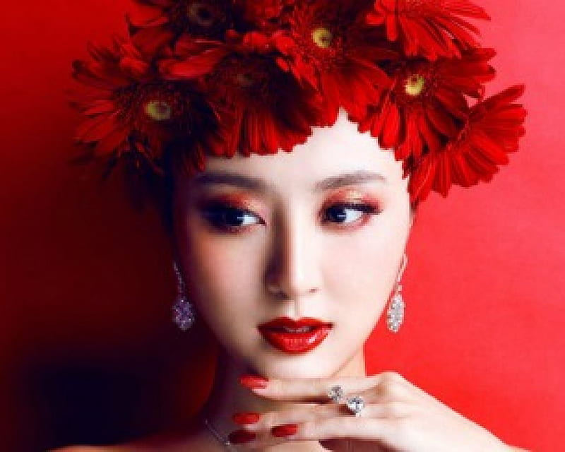Pretty Asian, red, face, woman, Asian, HD wallpaper