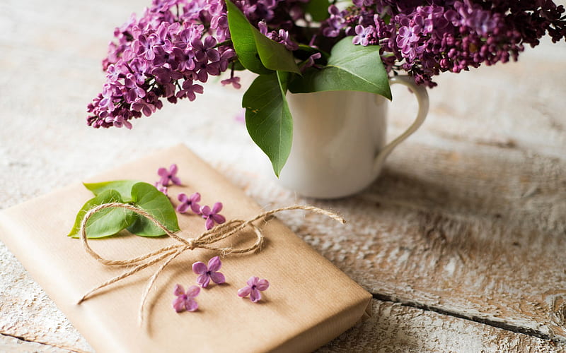 Lilac, mood concepts, bouquet of lilacs, book on the table, spring, purple spring flowers, HD wallpaper
