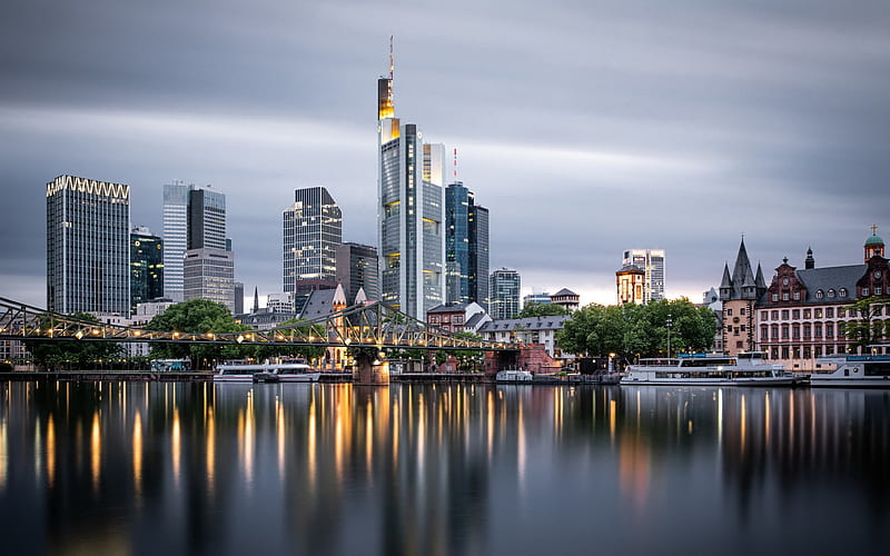 Frankfurt am Main, Hesse, river Main, evening, sunset, Frankfurt cityscape, Frankfurt skyscrapers, panorama, Germany, HD wallpaper