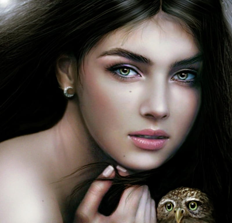 Night of the Owl, owl, girl, bonito, face, portrait, crayon maniac, gorgeous, HD wallpaper