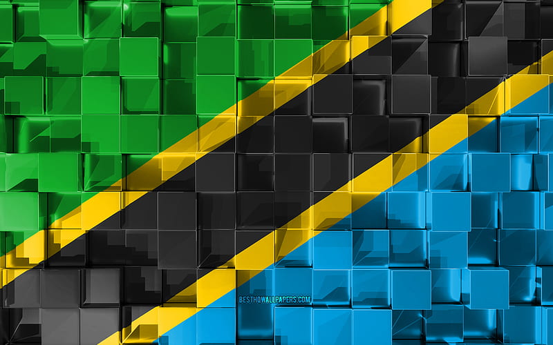 Flag of Tanzania, 3d flag, 3d cubes texture, Flags of African countries, 3d art, Tanzania, Africa, 3d texture, Tanzania flag, HD wallpaper