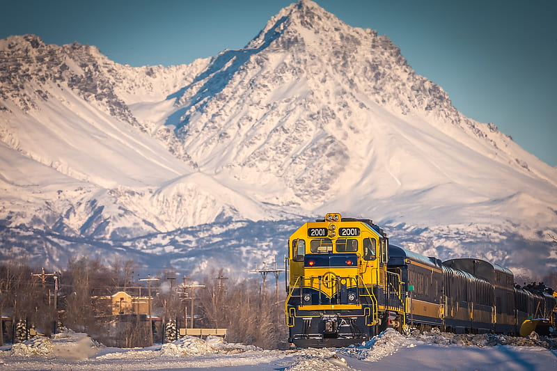 Alaskan Railroad, locomotive, snow, train, mountains, HD wallpaper