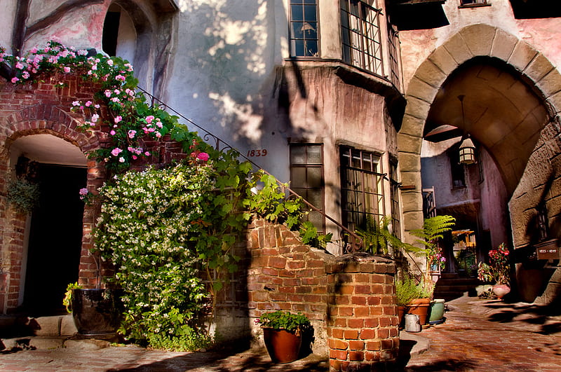 Normandy Delight, bricks, house, france, normandy, flowers, archway, hnouse, stairway, HD wallpaper