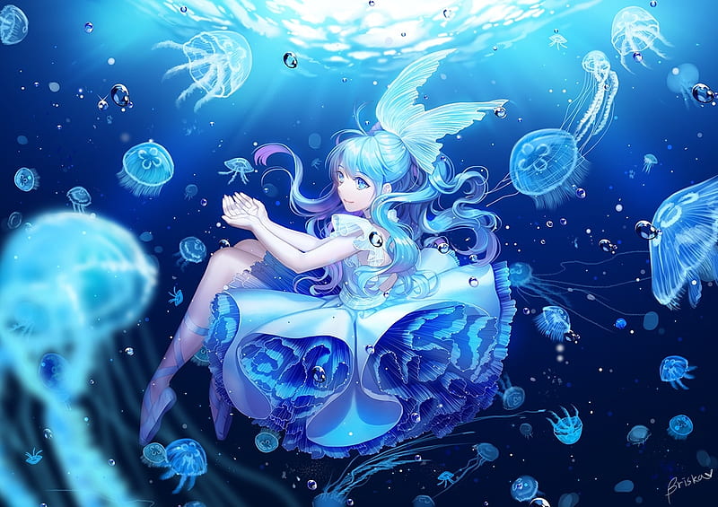 Underwater, girl, anime, summer, manga, briska, jellyfish, blue, HD wallpaper