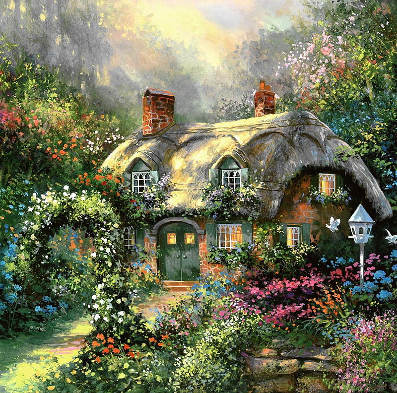 cottage lane, windows, cottage, birds, birdhouse, flowers, trees, door, HD wallpaper