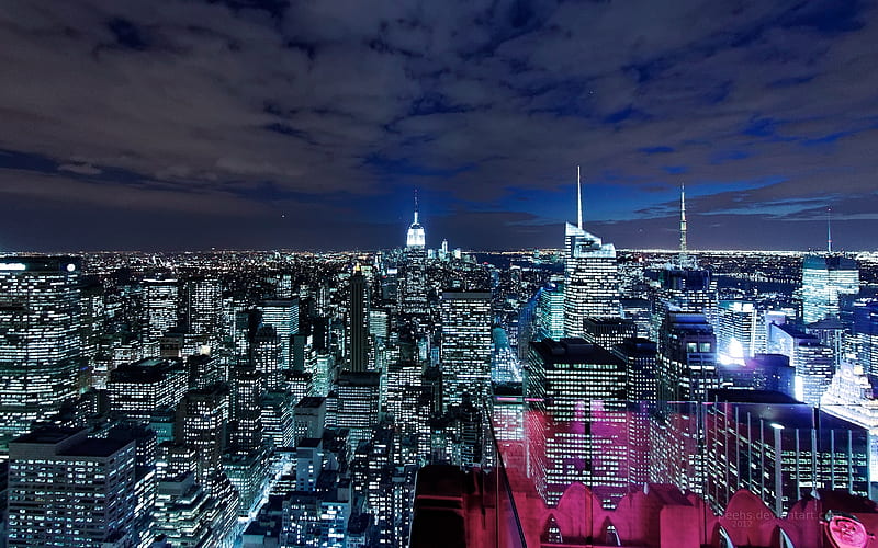 Lower Manhattan, architecture, new york, buildings, bonito, sky, manhattan, clouds, skyscrapers, night, HD wallpaper