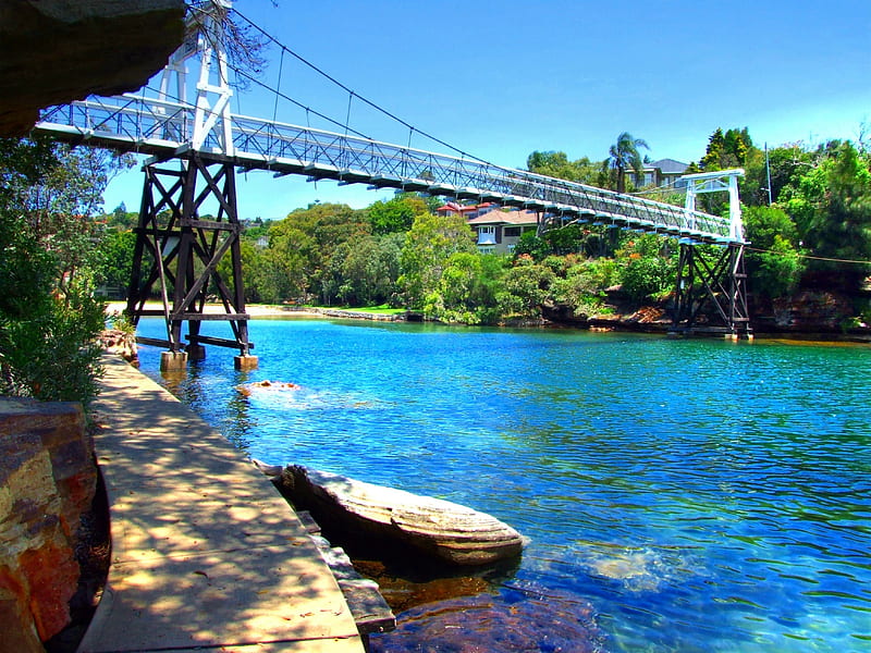 Bridge Over Calm Waters, rocks, water, trees, bridge, HD wallpaper