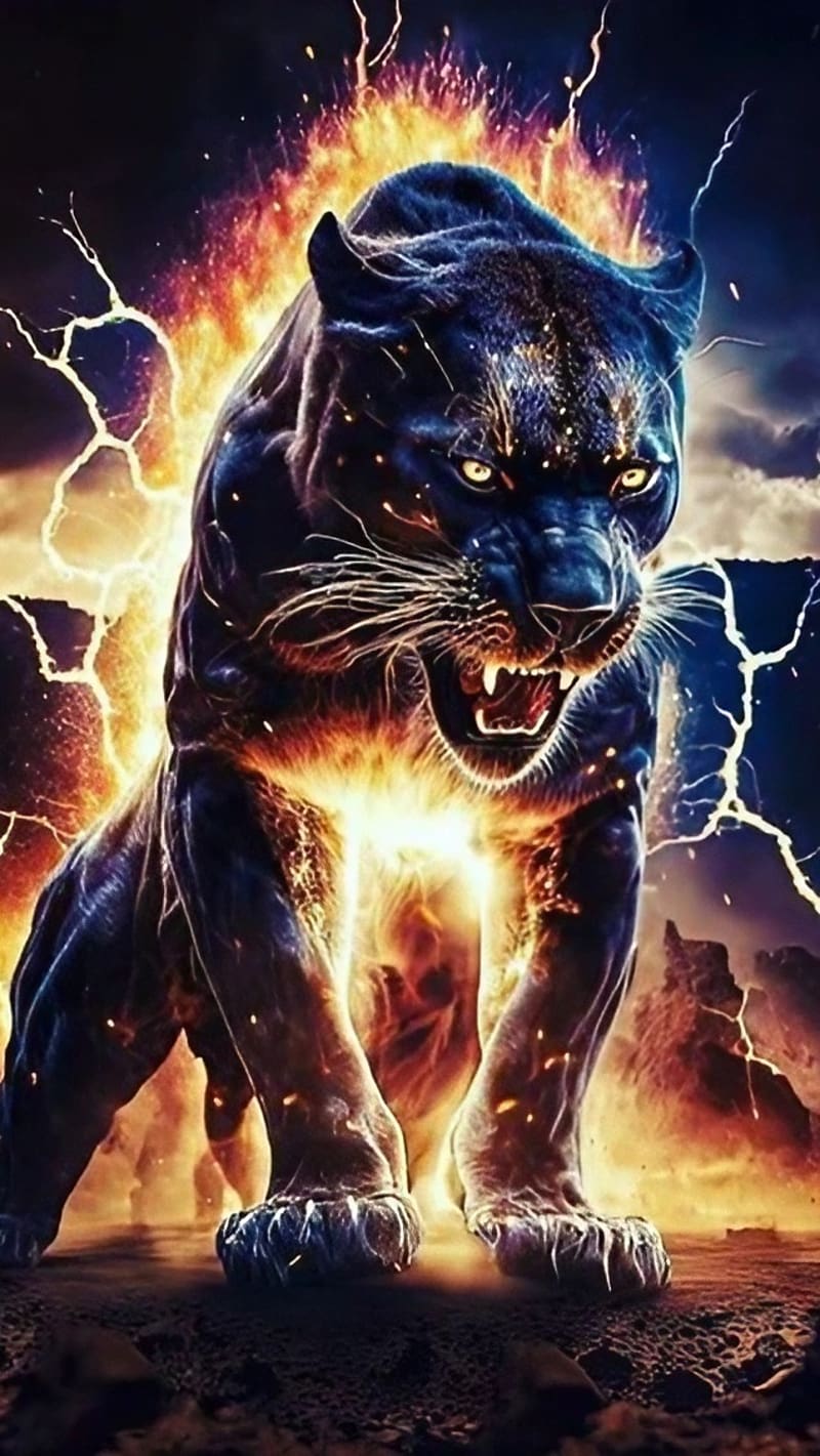 Black Panther Animal, Thunder Lightning And Fire Effect, thunder lightning, fire effect, HD phone wallpaper