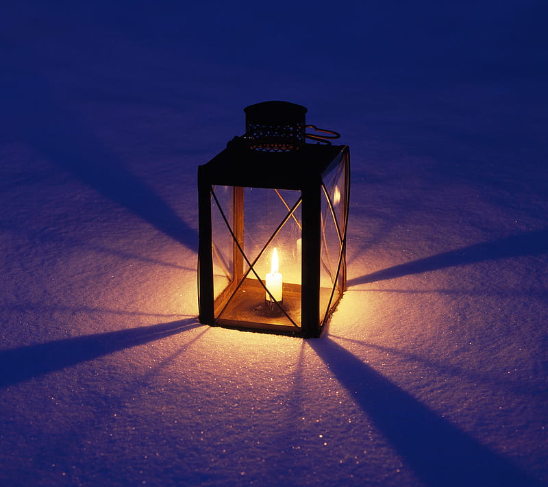Lantern, candle, darkness, light, snow, HD wallpaper