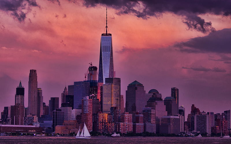 One World Trade Center, Manhattan, New York City, evening, sunset, skyscrapers, One WTC, modern buildings, purple sky, NYC, beautiful sunset, New York cityscape, New York skyline, New York, USA, HD wallpaper
