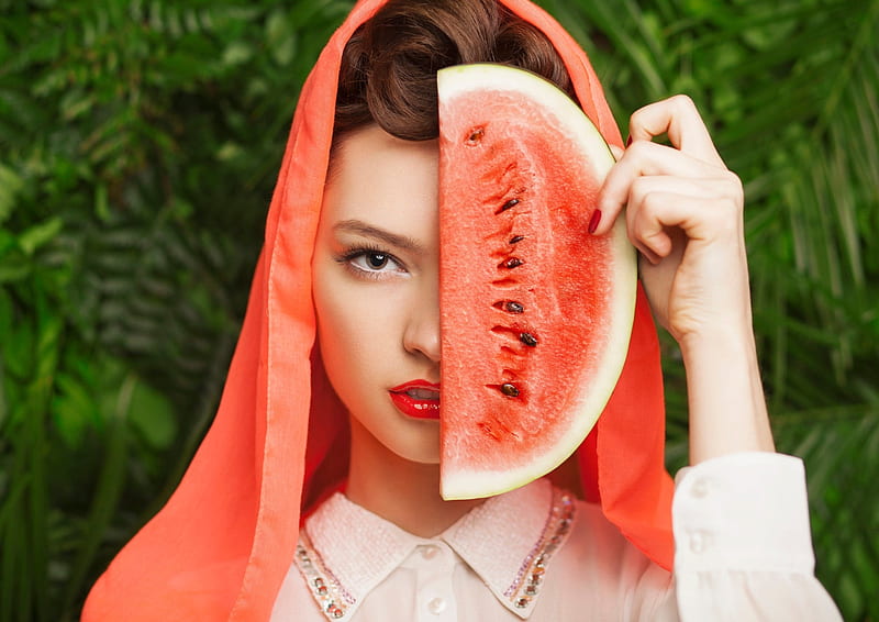 Beauty, red, model, eye, woman, fruit, vara, girl, green, watermelon, summer, scarf, face, HD wallpaper