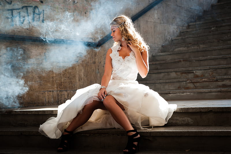 woman wearing white gown sitting on stir, HD wallpaper