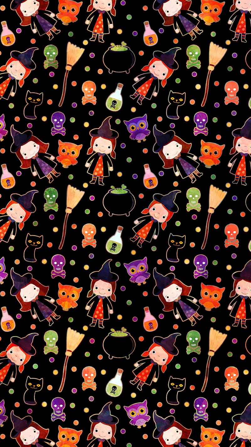 Halloween Witch Broom, Adoxali, October, autumn, black, cat, cauldron, celebration, child, cute, day of the dead, dots, fall, fun, funny, green, holiday, illustration, kawaii, kid, kitty, orange, owl, pattern, poison, scary, skull, spooky, treat, trick, violet, HD phone wallpaper