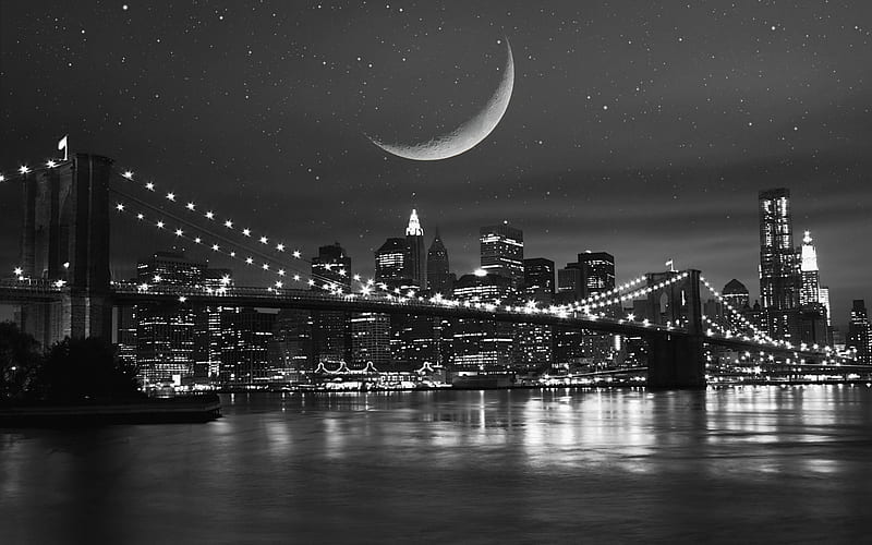 moon over new york, newyork, travel, black, sky, graphy, moon, water, bridge, beauty, reflection, white, HD wallpaper