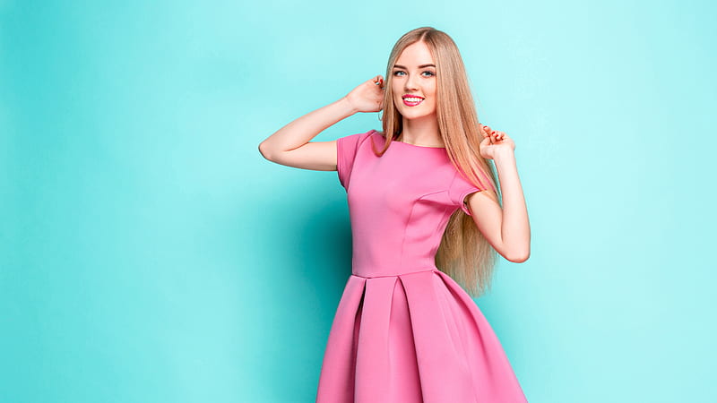 Smiley Blonde Blue Eyes Long Hair Girl Model Is Wearing Pink Dress In Blue Background Girls, HD wallpaper