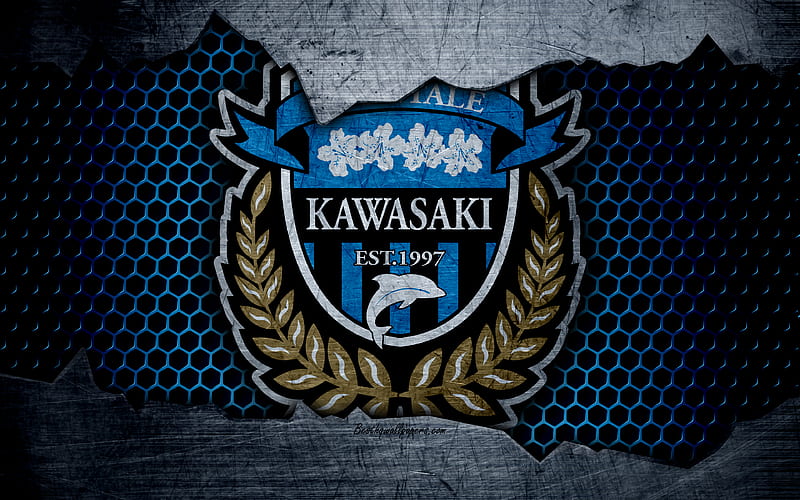 Kawasaki Frontale logo, art, J-League, soccer, football club, FC Kawasaki Frontale, metal texture, HD wallpaper