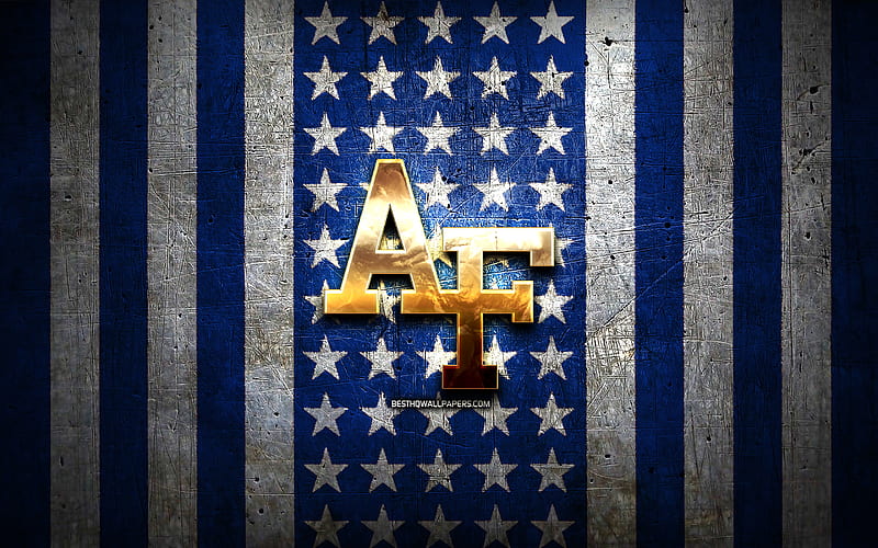 Air Force Falcons flag, NCAA, blue white metal background, american football team, Air Force Falcons logo, USA, american football, golden logo, Air Force Falcons, HD wallpaper