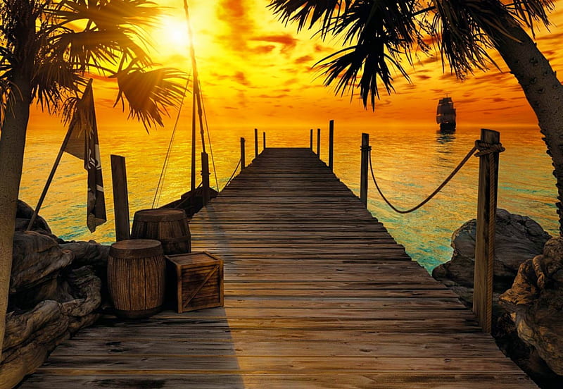 Treasure Island, ocean, pier, bonito, sunset, sky, spanish galleon, palm trees, adventure, beach, summer, sunshine, tropical, HD wallpaper