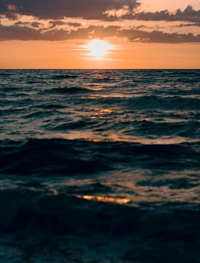 sunset, sea, waves, horizon, water, HD phone wallpaper