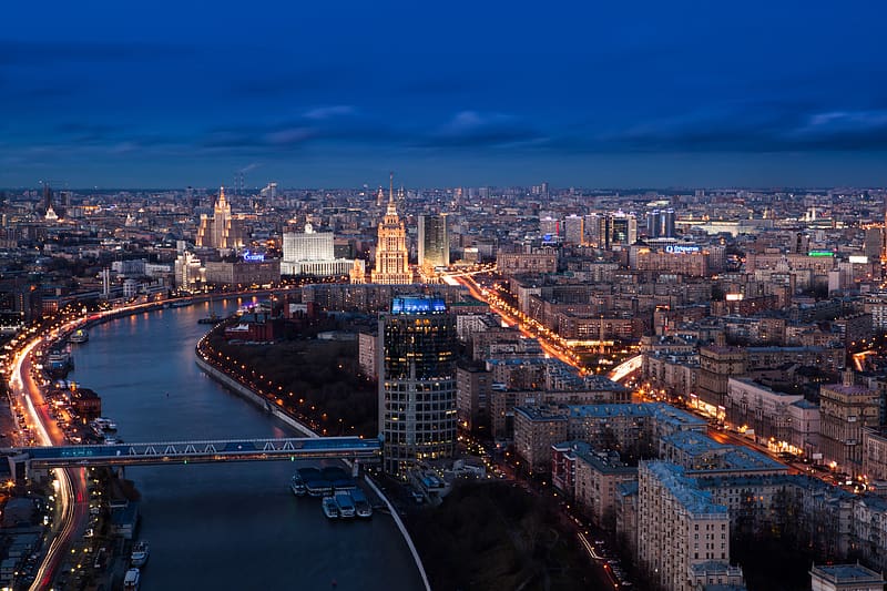 Cities, Night, City, Building, Horizon, Cityscape, Russia, River, Moscow, HD wallpaper
