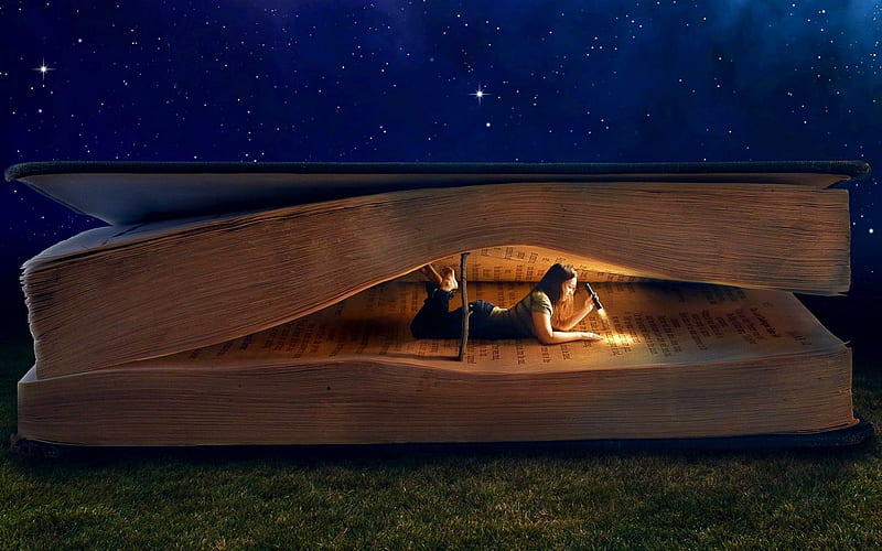 THE ART of READING, giant, grass, lying, book, collage, reading, girl, dark, light, night, HD wallpaper