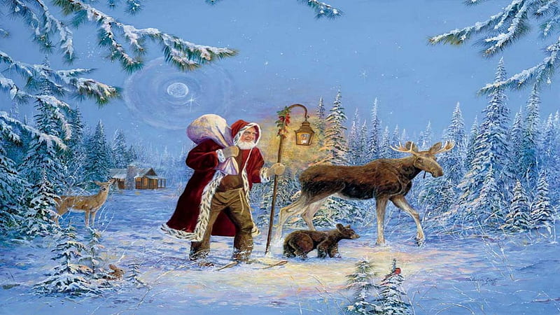 St Nick's Woodland Friends, moose, christmas, snow, bear, deer, HD wallpaper