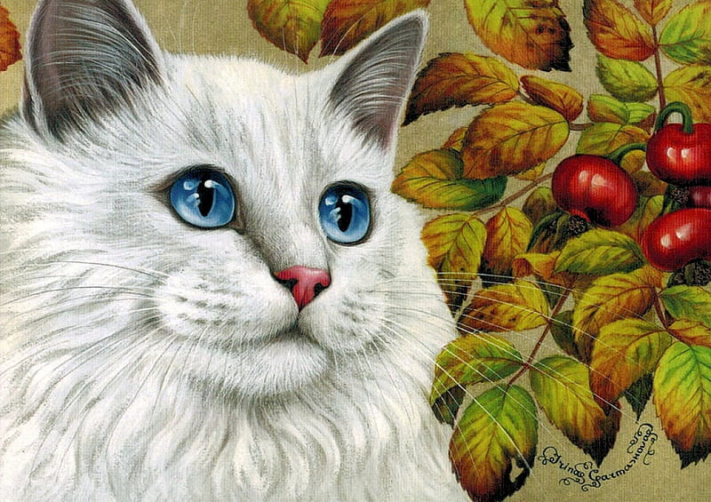 White Persian, oses, kitty, painting, rosehips, cat, artwork, HD wallpaper