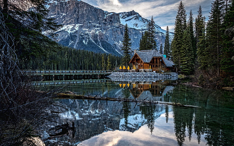 Emerald Lake, mountain lake, mountain landscape, rocks, winter, forest, Canada, Canadian Rocky Mountains, British Columbia, Yoho National Park, HD wallpaper