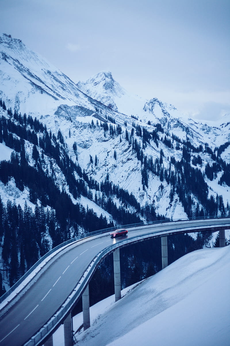 bridge, road, car, mountains, snow, HD phone wallpaper