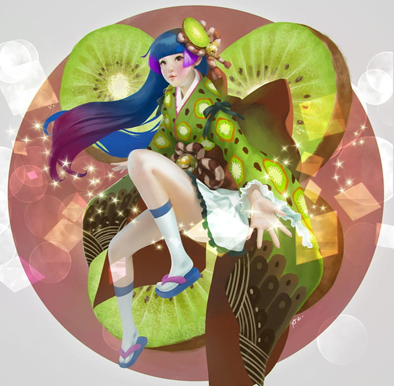 Kiwi girl, kiwi, aekkarat sumutchaya, fruit, green, girl, anime, manga, HD wallpaper