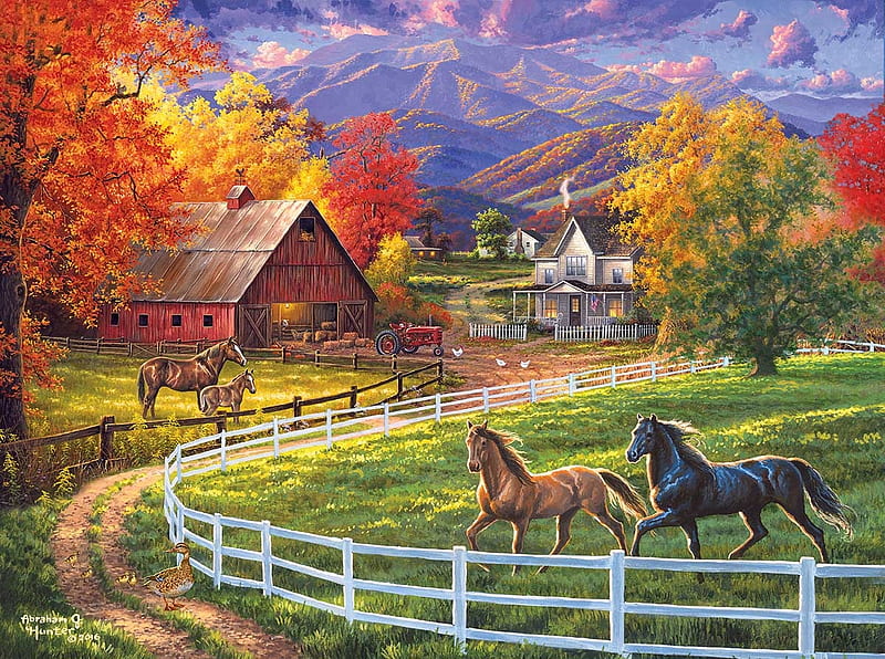 The farm, pictura, horse, red, art, autumn, abraham hunter, toamna, yellow, farm, cal, green, painting, HD wallpaper