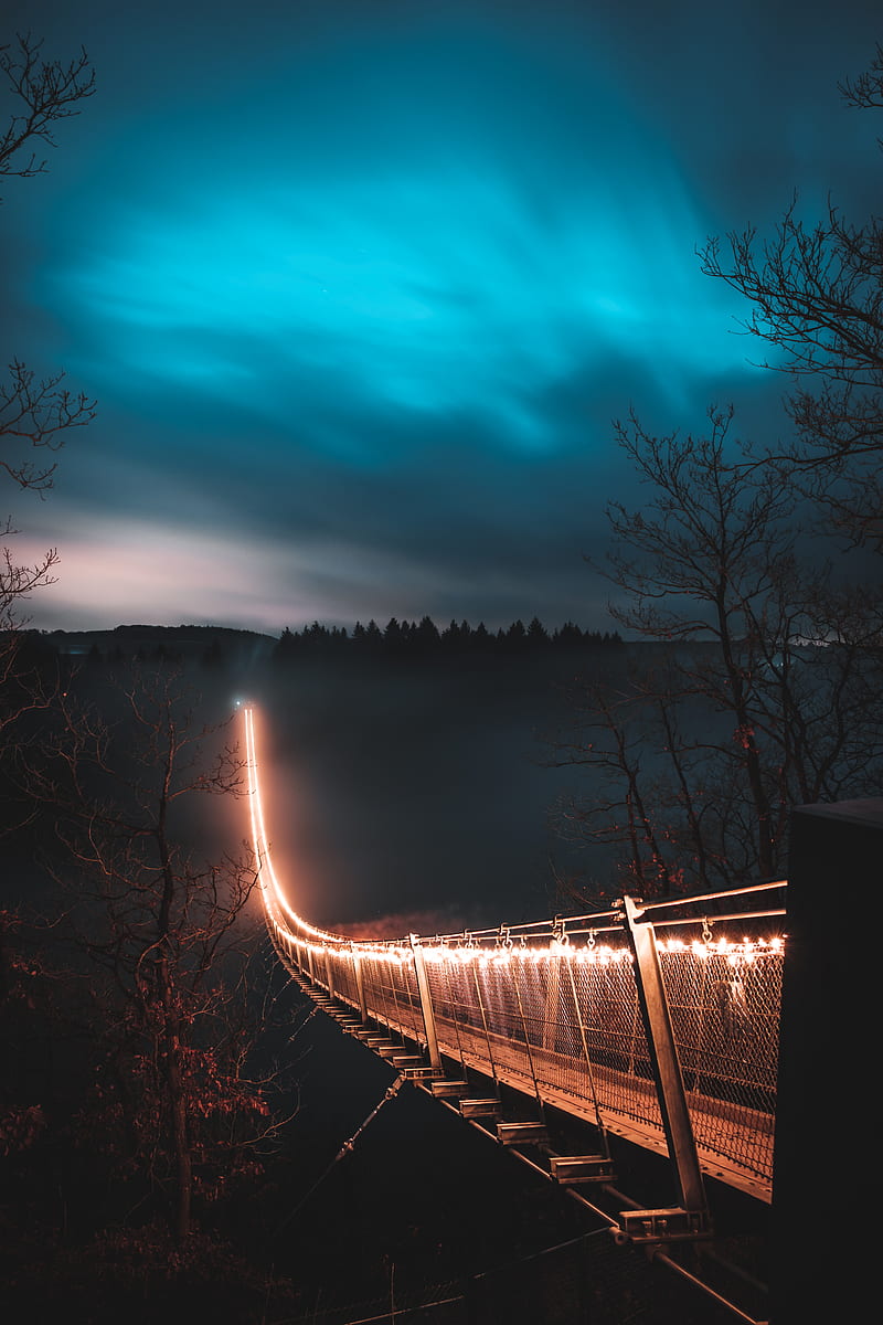 brown suspension bridge with light during nighttime, HD phone wallpaper