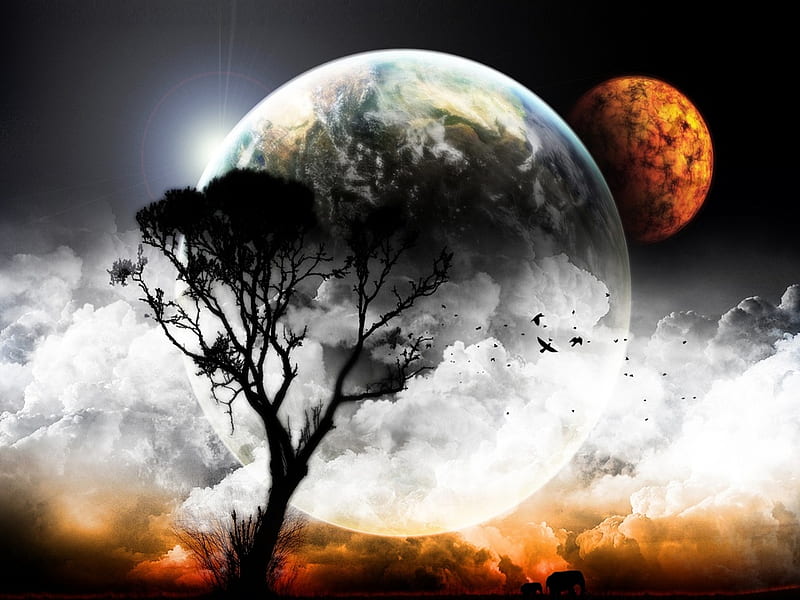 Planetary Alignment, tree, fantasy, planet, silhouette, abstract, HD wallpaper